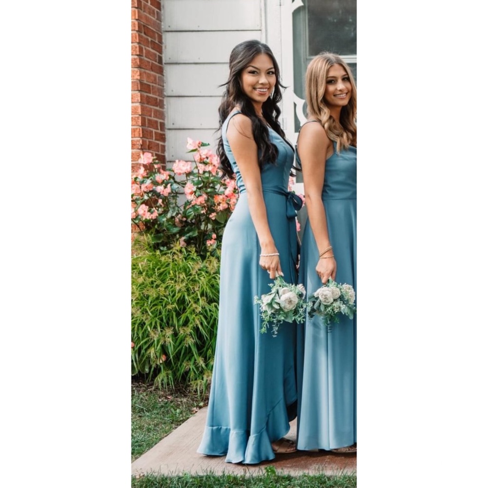 Steel Blue David’s Bridal Bridesmaids Dress High Low Slit Ruffle One Shoulder